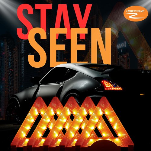 Lumen Wand LED Reflective Warning Triangle Kit - 3-Pack for Road Safety | Metal Base, Internal LEDs & Reflectors, Storage Bag Included
