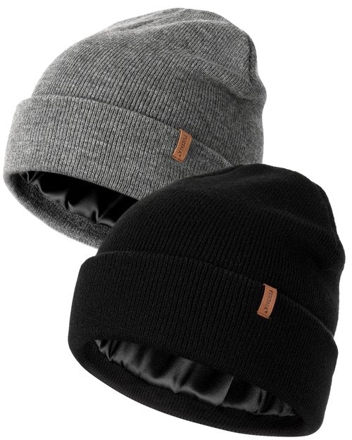FURTALK 2 Pack Satin Lined Beanie for Men Women Acrylic Winter Hats Warm Silky Skull Cap