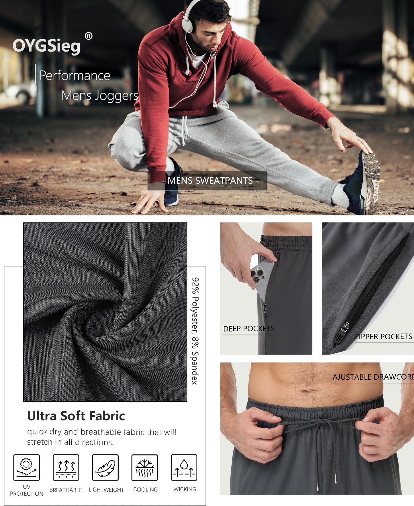 OYGSieg 4 Pack Mens Sweatpants with Zipper Pockets Open Bottom Joggers for Men Lightweight Track Pants for Casual Hiking