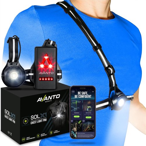 AVANTO SOLX1 Pro Chest Light - USB-C Rechargeable Running Headlamp with Adjustable Beam & Reflective Harness - Black