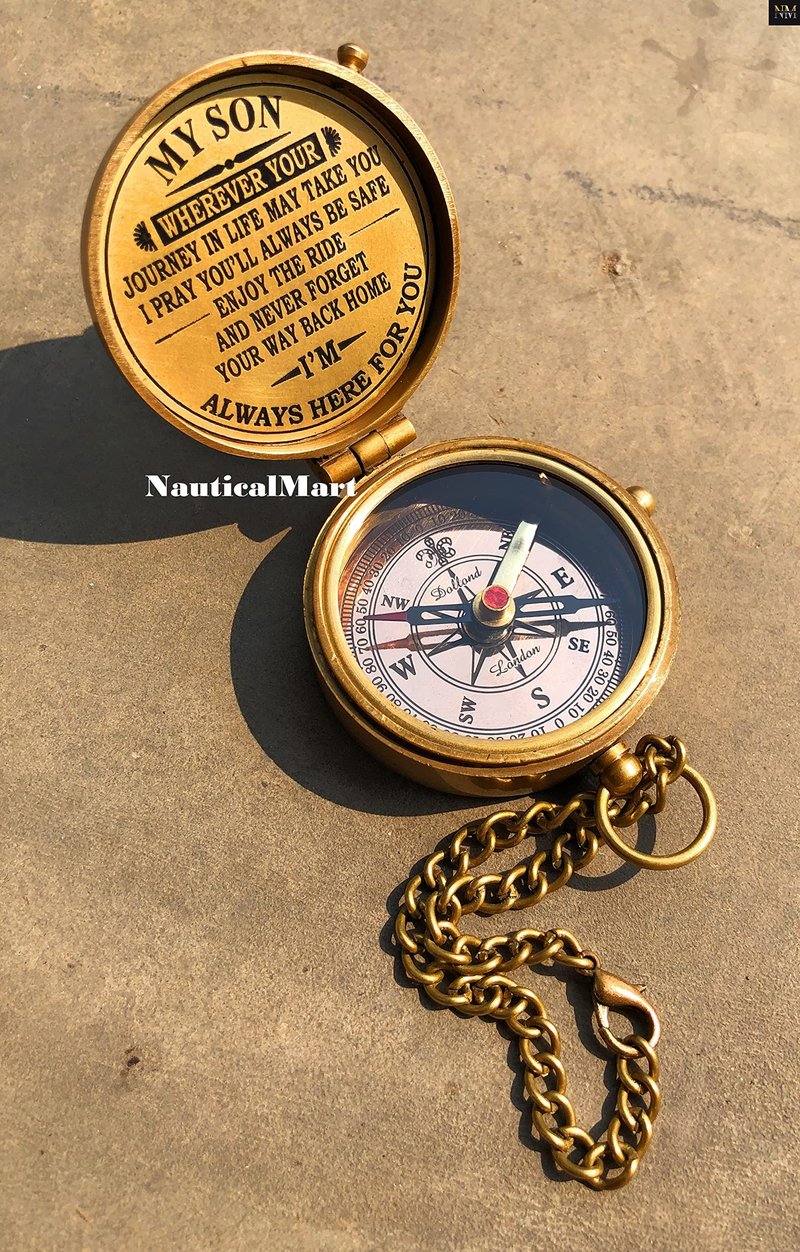 Personalized Brass Compass Engravable My Son Gift for Mom-Dad Graduation, Anniversary, Baptism, Retirement A Perfect and Unique Gift with Leather Case