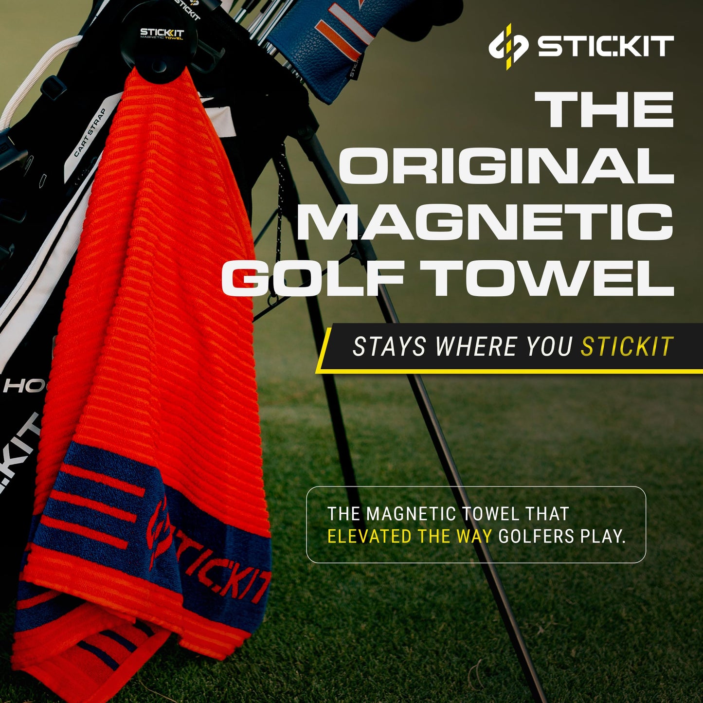 STICKIT XL Magnetic Golf Towel - Ultra Durable Cotton Terry Weave with Removable Magnet - Large Golf Towel for Bags, Caddies & Carts - Removes Dirt, Grass, & Debris from Club Face - 36” x 20” (Black)