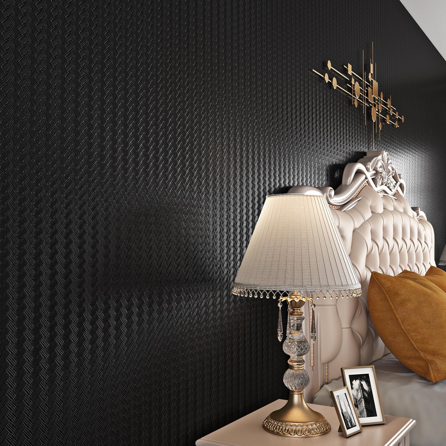 Livelynine Textured Rattan Wallpaper Black Peel and Stick Wall Paper for Bathroom Kitchen Cabinet Covering Waterproof Black Contact Paper for Cabinets 15.8x78.8 Modern Matte Basket Weave Pattern