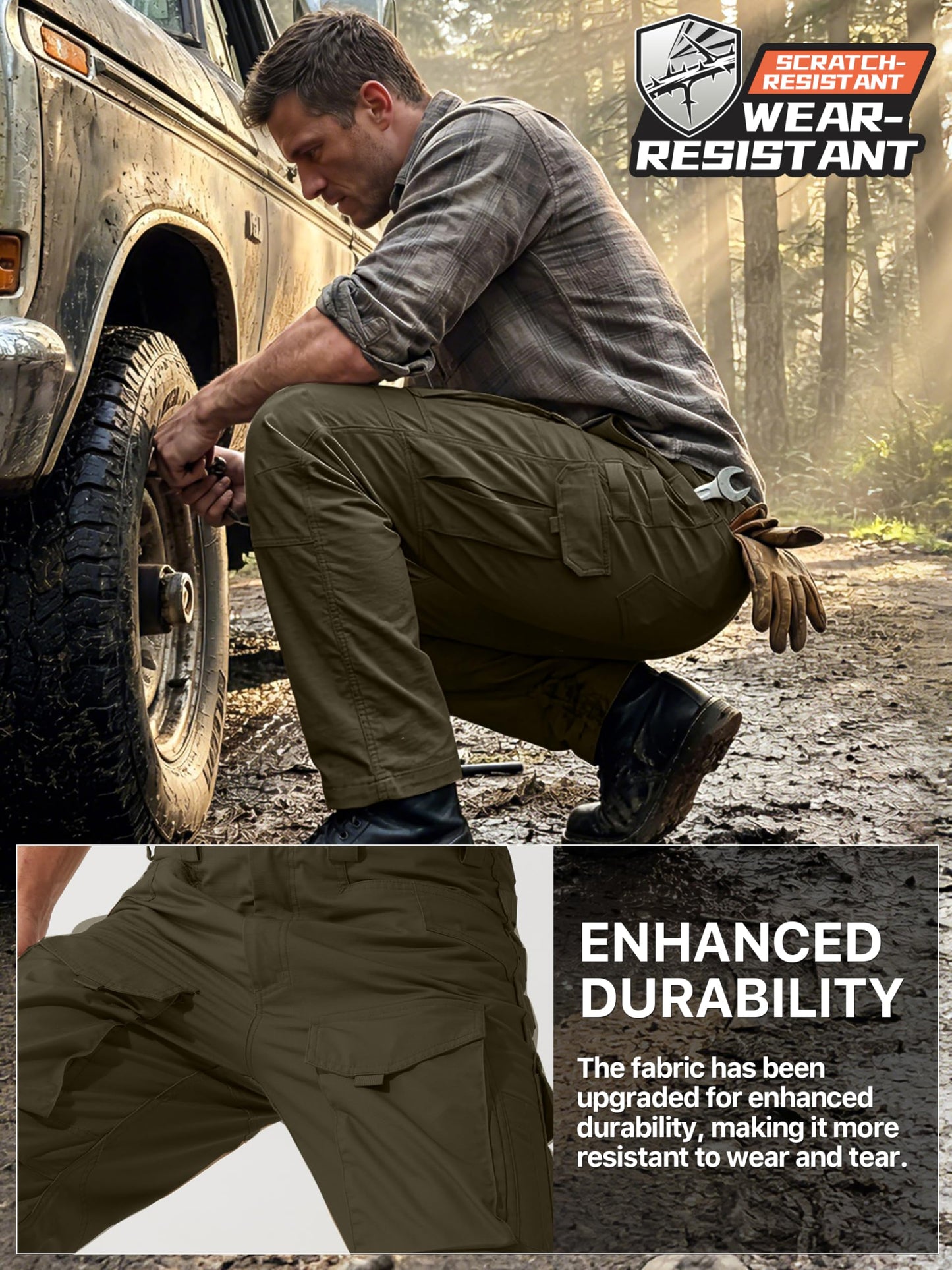 FREE SOLDIER Men's Cargo Pants,Tactical Pants for Men Stretch,Durable Ripstop EDC Work Pants for Hiking (Dark Green 36Wx30L)