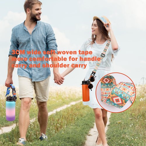 2 in 1 New Water Bottle Handle Shoulder Strap For Wide Mouth Hydro Bottle 12oz to 64oz, Woven Fabric Paracord Handle Strap Carrier Sling Shoulder Strap with Safety Ring and Carabiner (Art Print Blue)