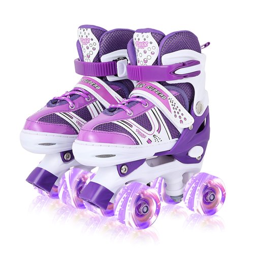 Kids Roller Skates for Girls, Adjustable Size Double Roller Skates, with All Wheels Light up, Fun Illuminating Rollerskates for Beginners, Medium（2-5）, Purple