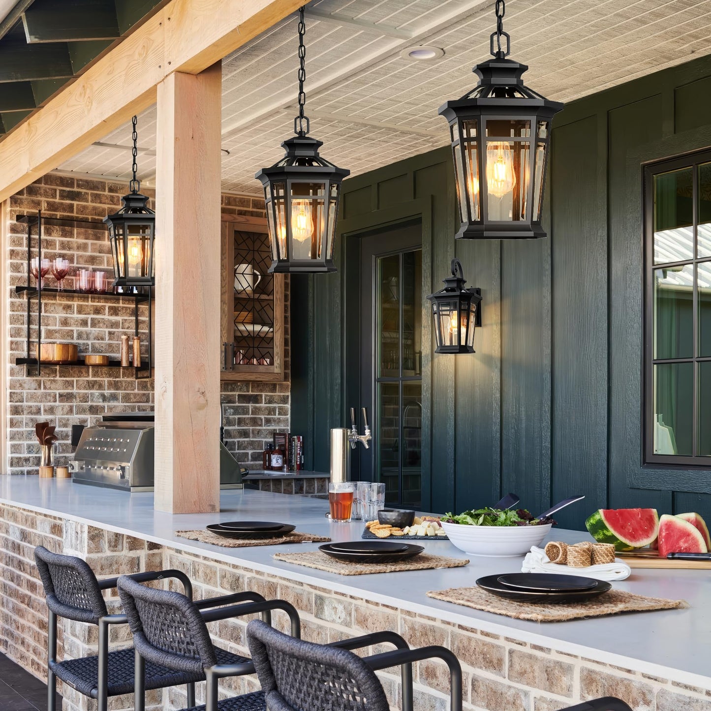 OPAXIS Large Outdoor Pendant Light Fixture, 16'' Black Exterior Hanging Lanterns with Adjustable Chain, Waterproof Outdoor Ceiling Lights for Porch, 100% Aluminum Exterior Chandelier for Gazebo, Patio