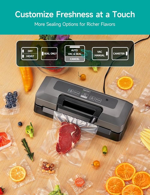 HiCOZY Vacuum Sealer - Powerful Heat Food Sealer with 7 Automatic Modes & Compact Design | Includes 10 Bags & Cutter
