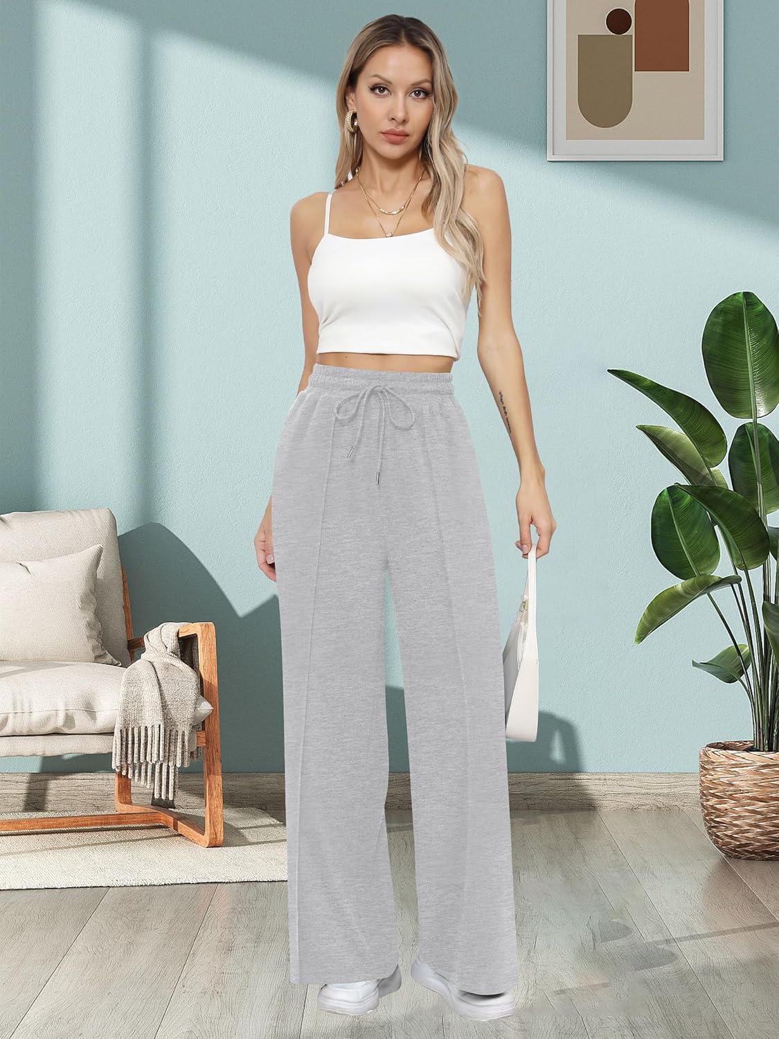 Missufe Women's High Waist Wide Leg Casual Joggers - Comfortable Lounge Pants with Pockets