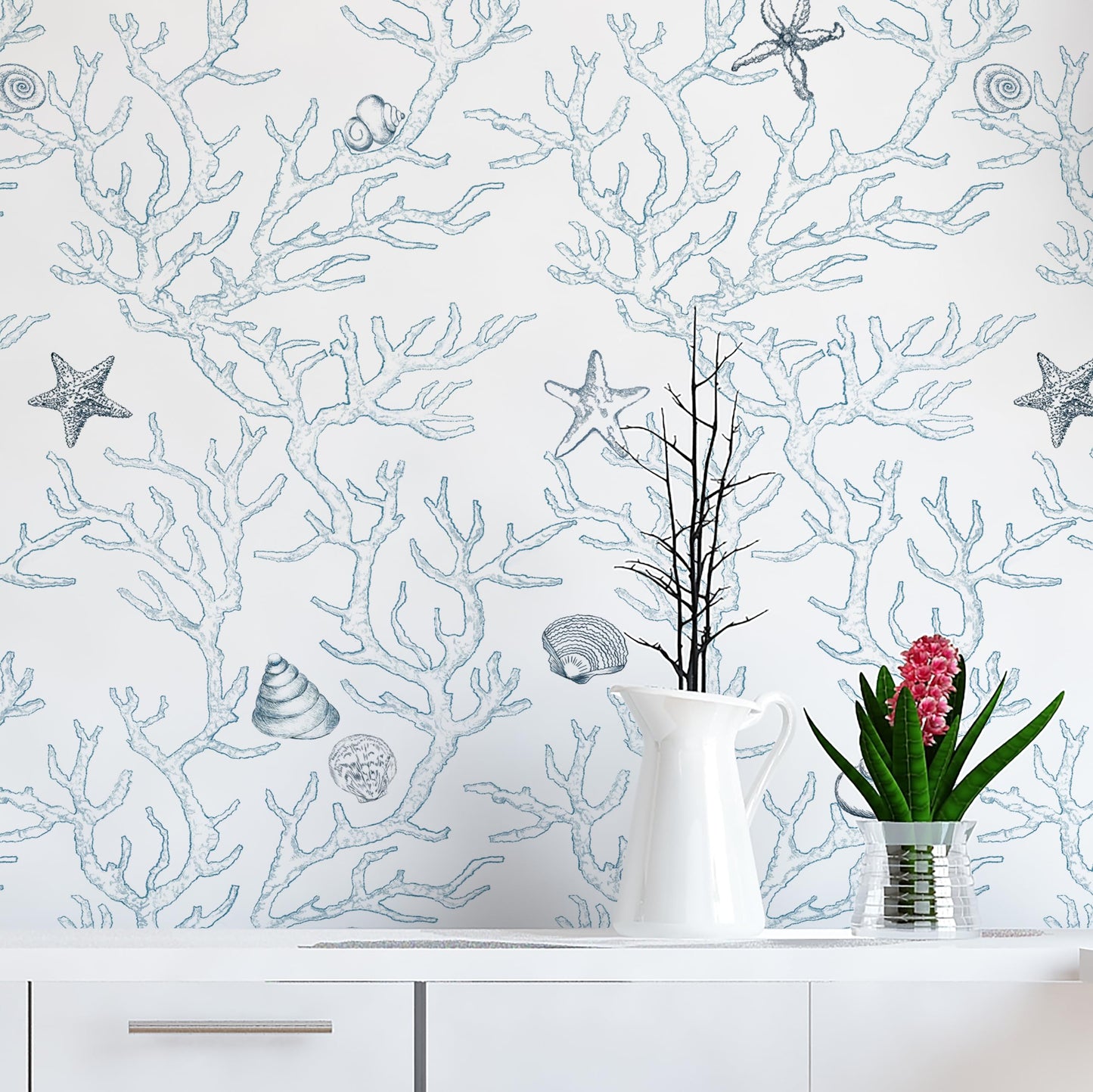 Dviolet Peel and Stick Wallpaper - White and Light Blue Contact Paper - Coral/Seashell/Starfish Pattern - Removable Wallpaper for Kids Room - 17.3"X 118"