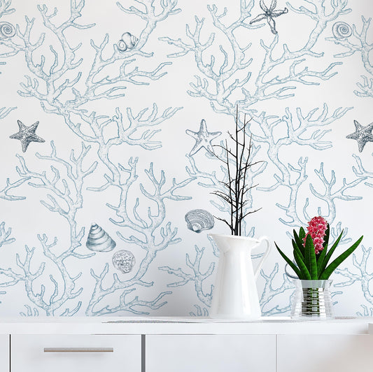 Dviolet Peel and Stick Wallpaper - White and Light Blue Contact Paper - Coral/Seashell/Starfish Pattern - Removable Wallpaper for Kids Room - 17.3"X 118"