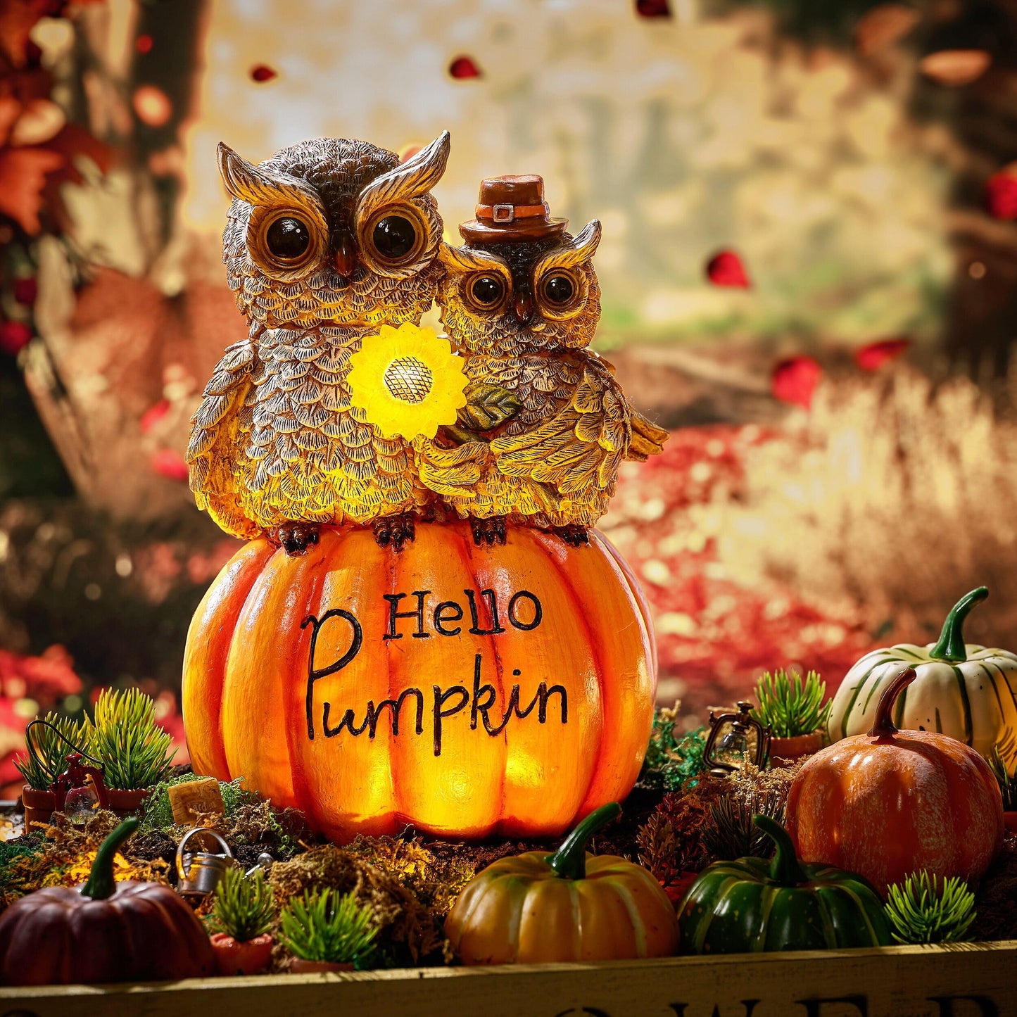 TERESA'S COLLECTIONS Fall Decor, Fall Owl Decor, Owl Perch on Pumpkin with Solar Light, Outdoor Fall Decor Waterproof Resin, Fall Gifts Outdoor/Indoor, 7.1"
