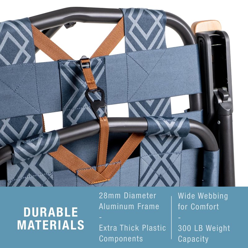 CleverMade Kove Twilight Blue Beach Camping Chair, Hands Free Carrying Strap + Real Wood Handles & 2 Cup Holders, Foldable Reclining Low Profile Collapsible Lawn Chair, Holds 300 lbs