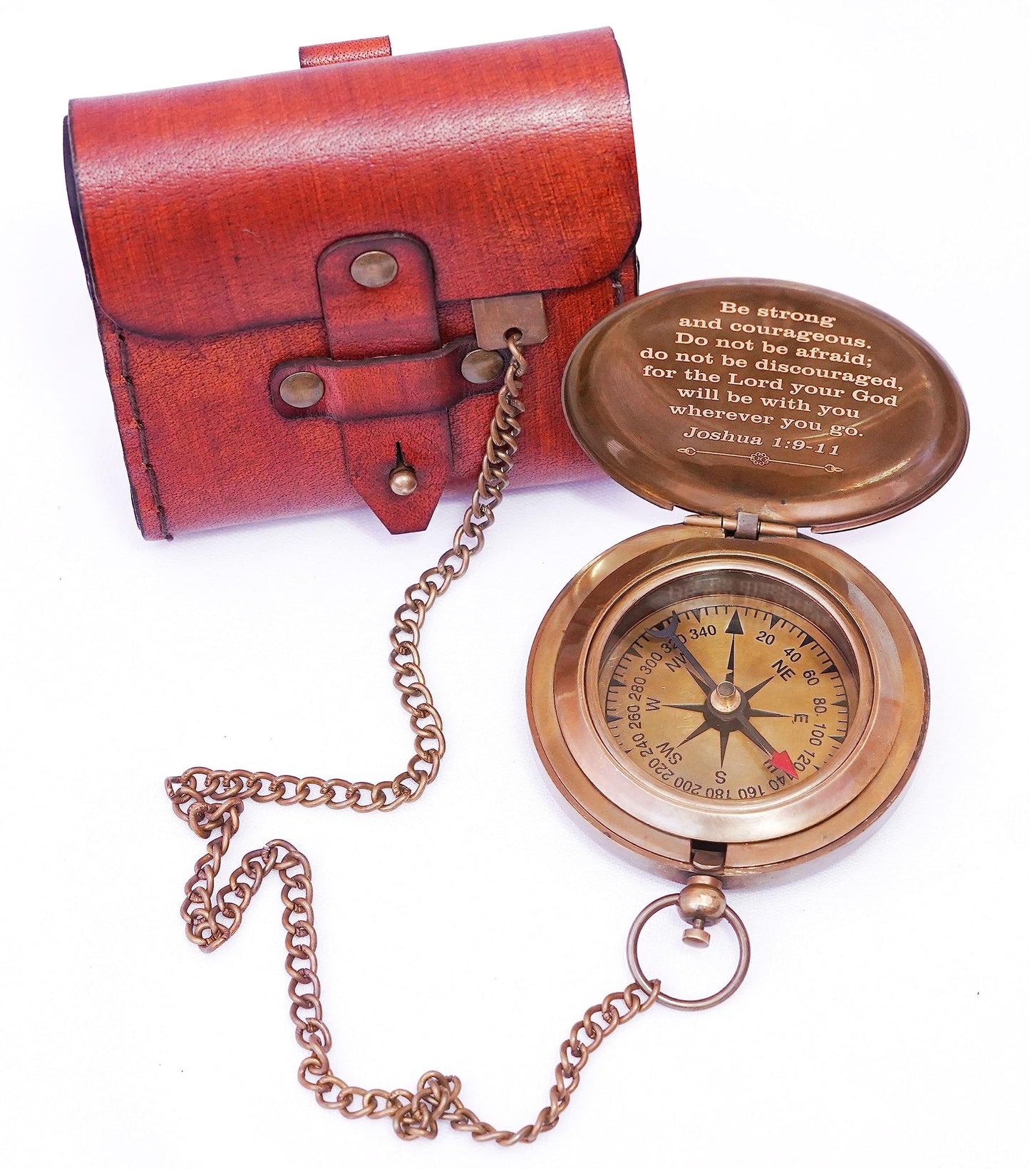 Religious Christian Gift Compass (Joshua 1:9) - Brass Compass with Leather Case - Engraved Personalized Compass - Baptism Gifts for Boys Girls - Confirmation Gift for Men
