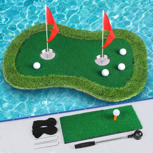 Chriiena Floating Golf Green for Pool/Lake, Floating Chipping Mat with Ball Retriever & Anti-Drift Ropes - Stable Golf Putting Practice Game Set for Golfers (35.4x23.6 in)