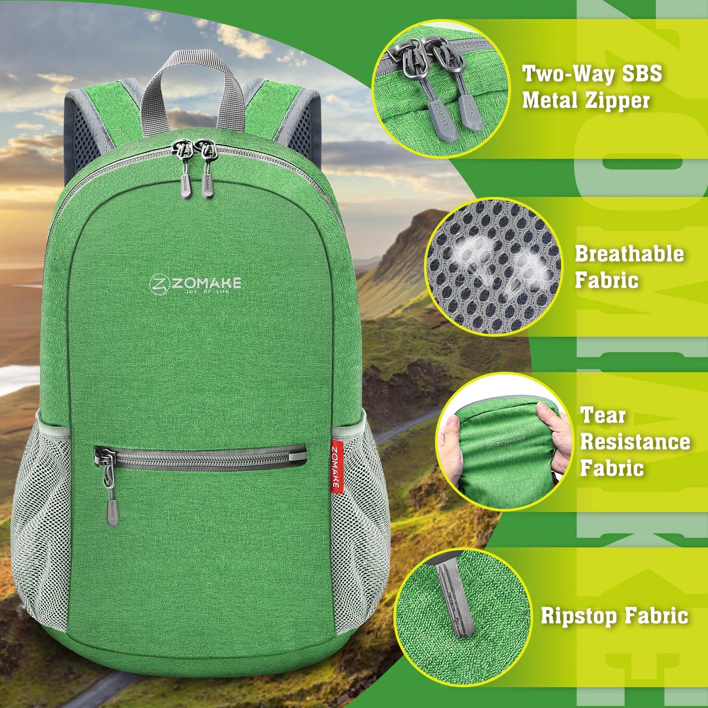 ZOMAKE Lightweight Packable Backpack 10L(Dark Green-A5)