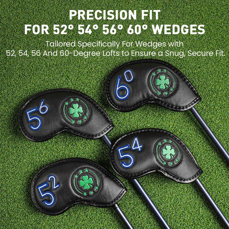 Golf Iron Wedge Head Covers 52° 54° 56° 60° 1 or 4 Pack, Synthetic Leather Clover USA Flag Design Club Head Protection, Universal Headcover Fit Iron Clubs for Men Women (Black Cover-4 Pack)