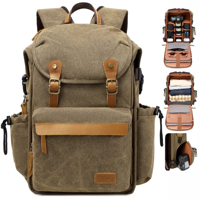 Padwa Lifestyle Khaki Camera Backpack - Professional DSLR & UAV Camera Bag,Anti Theft Canvas Camera Backpacks with Rain Cover,Large Capacity Photography Travel Camera Bag with Multi Compartments