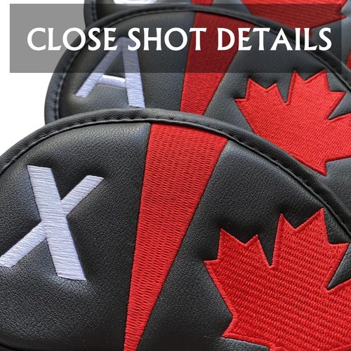 NEwoilkwo Canadian Flag Golf Iron Head Covers Headcovers Set Black Synthetic Leather Golf Iron Covers for Golf Clubs | 10Pack #4-9 Iron Covers, Aw, Sw, Pw, Xw Wedge Covers