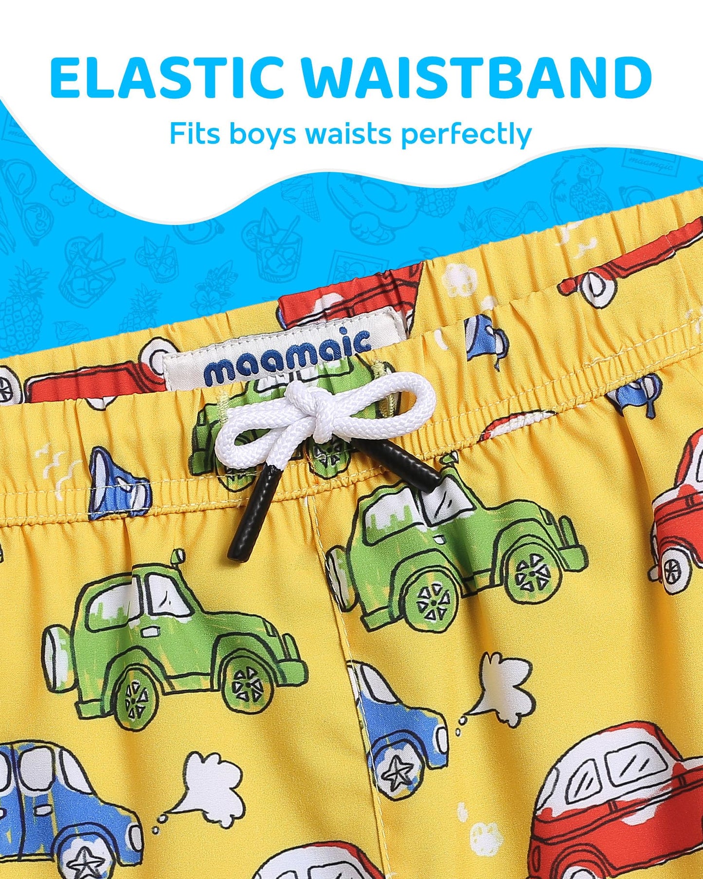 maamgic Boys Swim Trunks with Compression Liner Toddler Boy Swimsuit Quick Dry 4-Way Stretch Swimming Trunks Cartoon car Yellow 2T