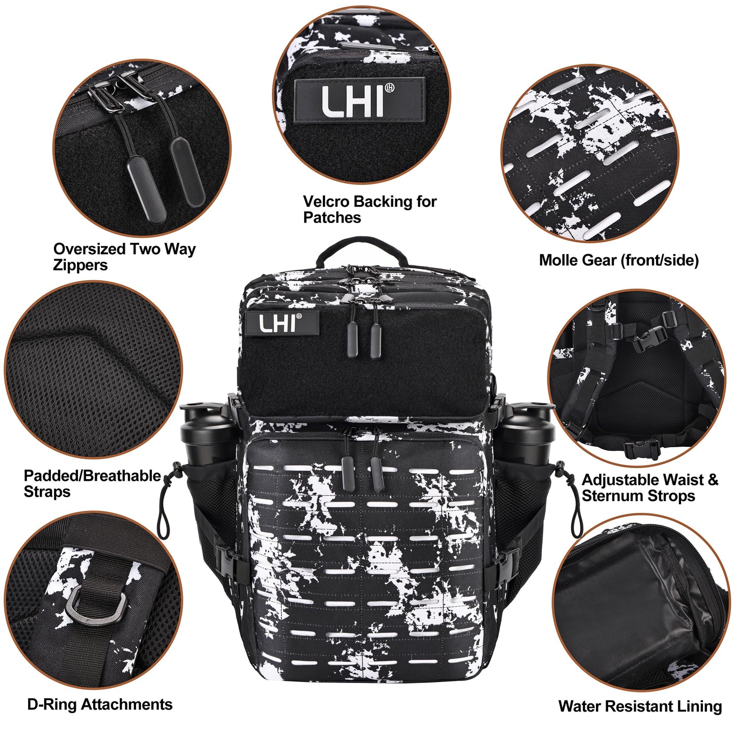 LHI Tactical Military Backpack for Men and Women 45L Large Molle Army Assault Pack 3 Day Travel Backpacks - Black lightning
