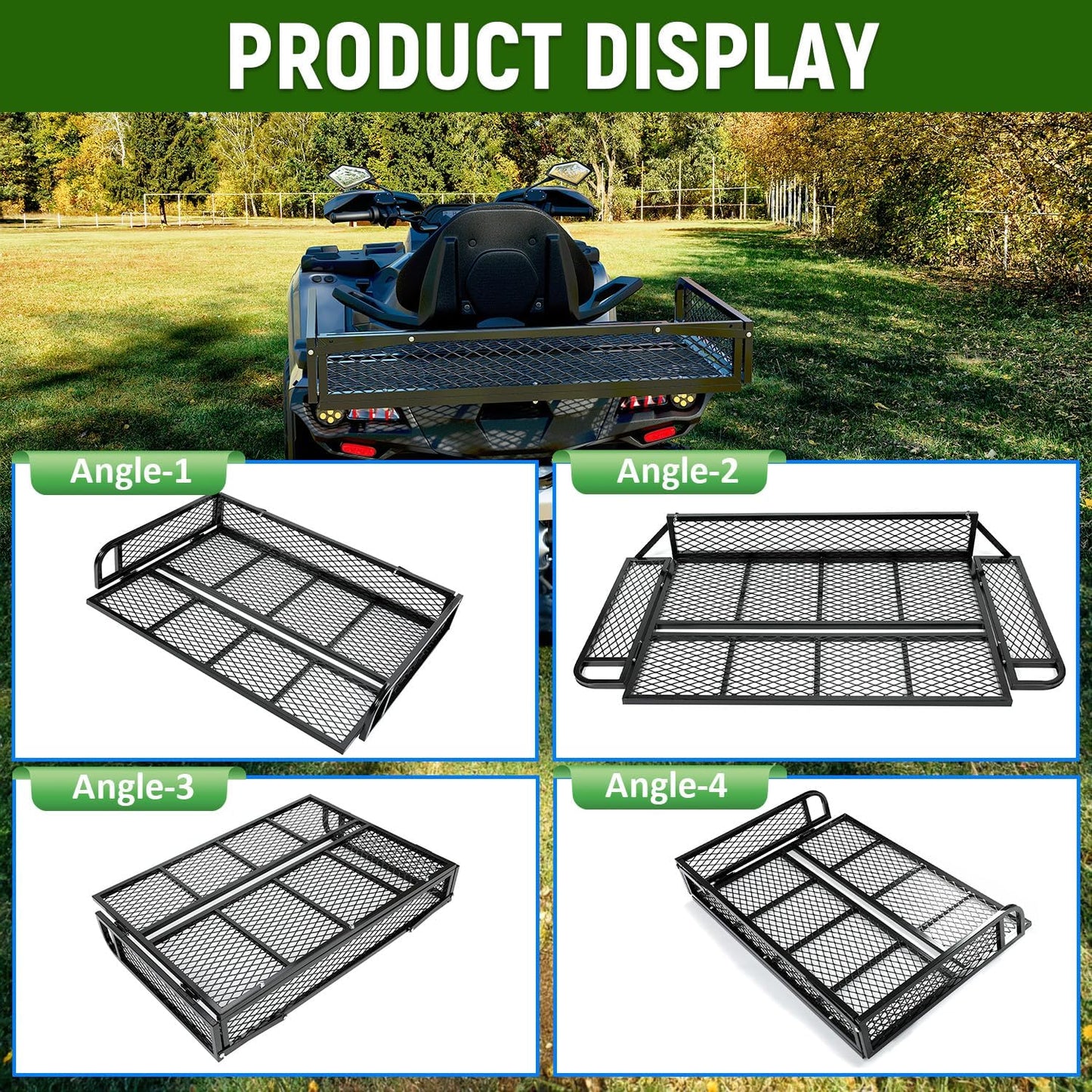 ECOTRIC Rear Cargo Basket Universal ATV UTV Storage Rack Rear Goods Mesh Rack Black Steel