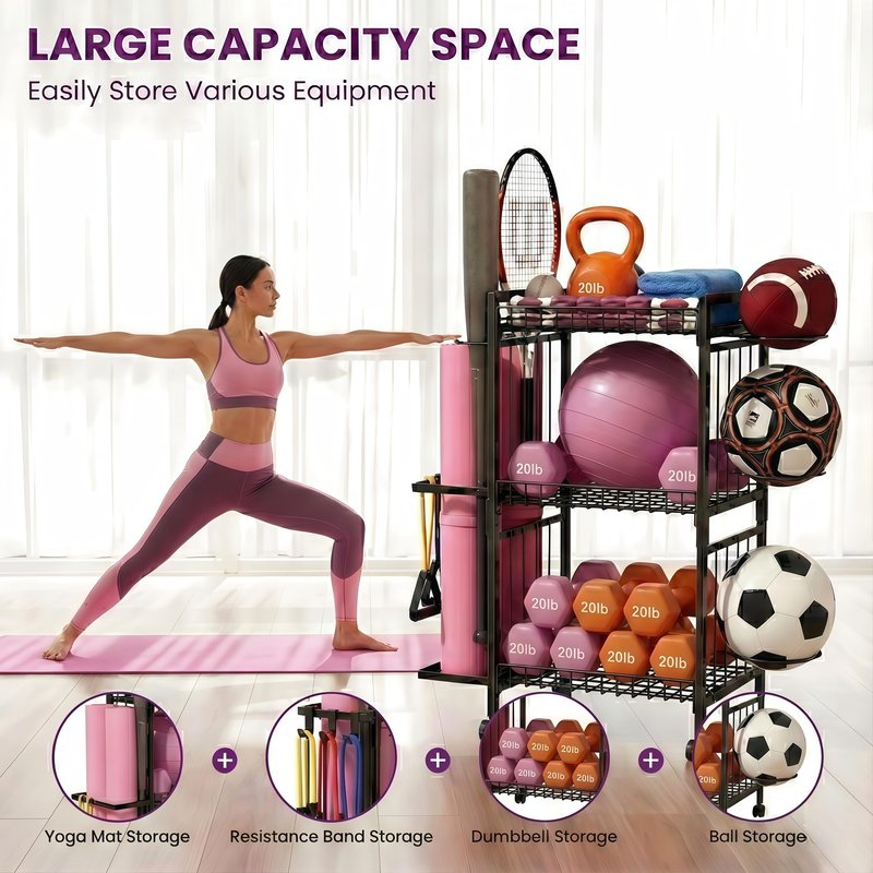 ULAIHOMN Home Gym Storage Rack, 3-Tier Dumbbell Rack with Ball Holder & Side Basket, Heavy Duty Vertical Workout Equipment Organizer for Yoga Mats, Lockable Wheels