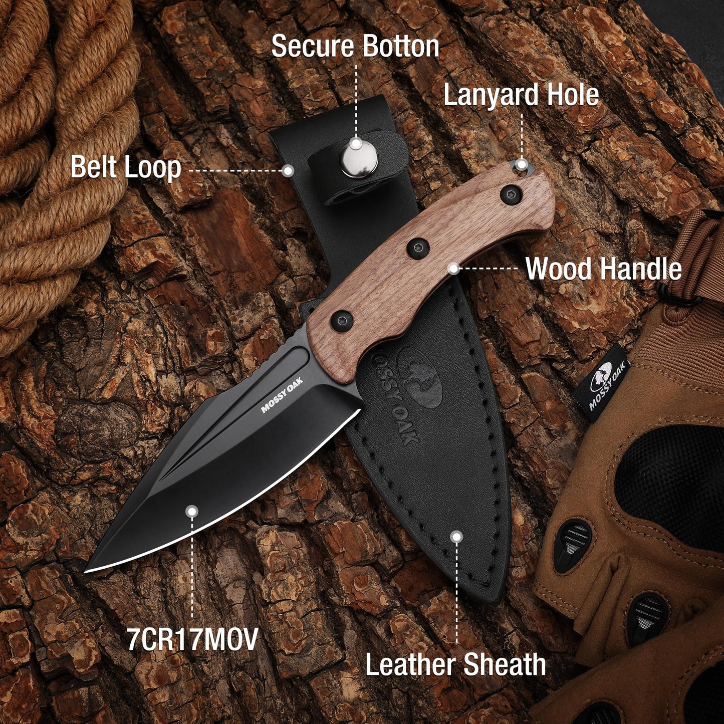 Mossy Oak 8.5-inch Full-tang Fixed Blade Knife with Sheath, Stainless Steel Blade, Outdoor Knives for Survival, Camping, Hiking (G10 Handle-Brown)