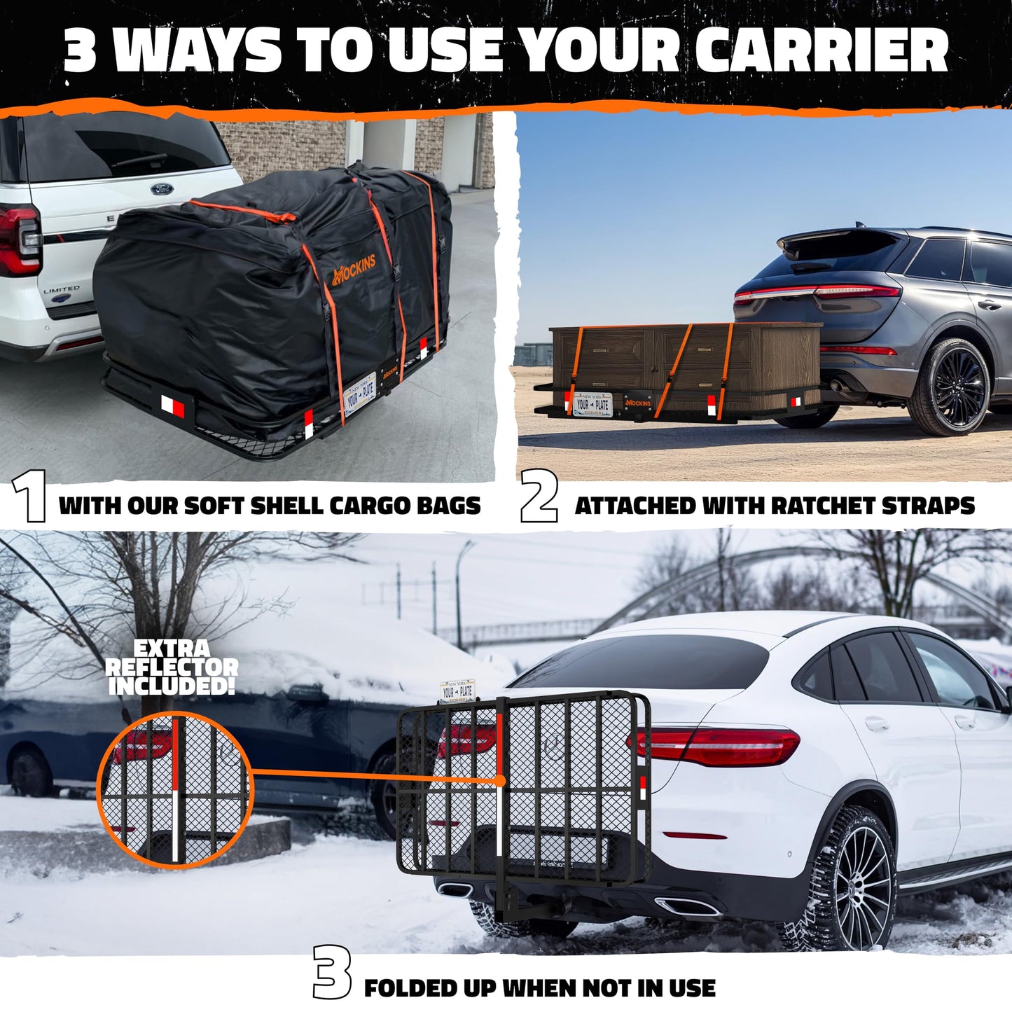 Mockins 60"x36"x6" XL Heavy Duty Trailer Hitch Cargo Carrier w/ 500Lbs. Cap