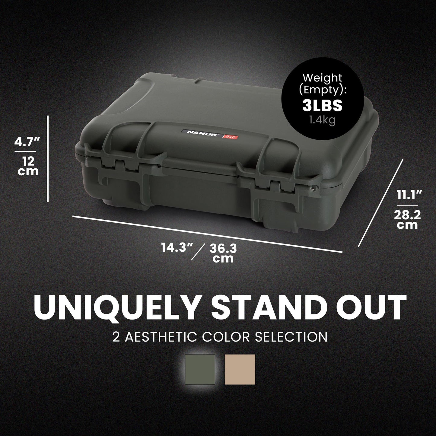 NANUK 910 Hard Case with Customizable Cubed Foam, IP67 Waterproof, Dustproof and Impact Resistant, 14.3” x 11.1” x 4.7”, Rugged Construction for Ultimate Protection, Made in Canada - Olive