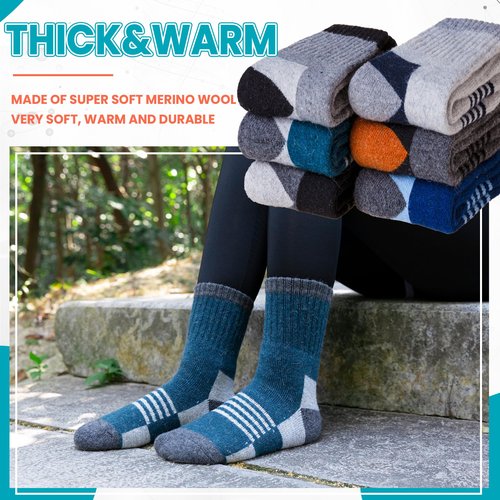 Velice Kids Merino Wool Hiking Socks Toddler Boys Girls Winter Warm Thermal Thick Cushion Crew Boot Socks 6 Pairs(Black/Grey/Blue, 13-15 Years)
