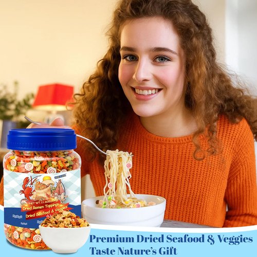 11.6oz Dried Ramen Toppings – 11 Mixed Dehydrated Seafood & Vegetables with Shrimp, Crab & Fishcake, Freeze-Dried Veggies for Soups, Salads, Pizza & Camping Meals