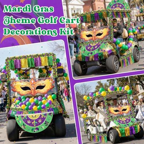 68 Pcs Mardi Gras Golf Cart Parade Float Decoration Kit 60 Pcs Balloons 4 String Wire Garland 2 Banners Mardi Gras Fan Shaped Hanging Flag Cloth Mask with Flag for Golf Cart Accessories