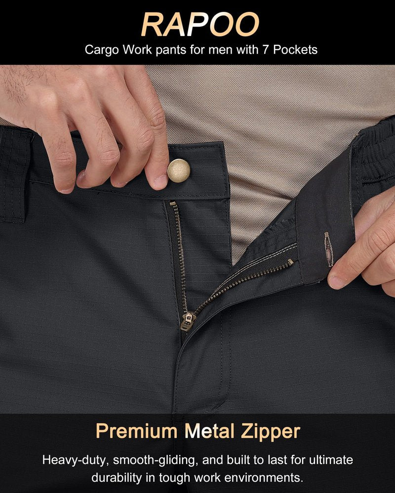 Rapoo Cargo Work Pants for Men Military Army Casual Hiking Pants for Men with Multi Pockets Elastic Waist Mens Ripstop Construction Carpenter Pants Black 34Wx32L