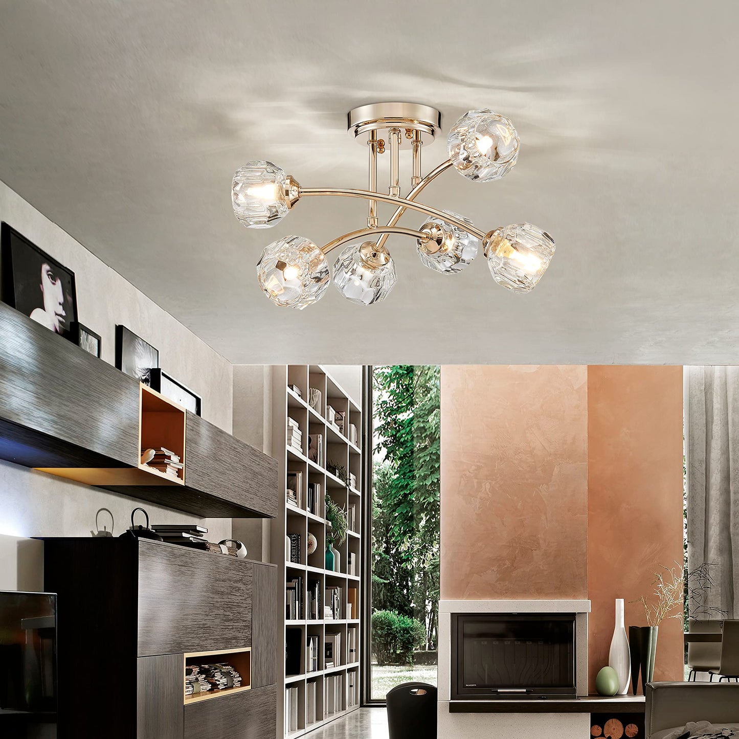 AGV LIGHTING Modern Spuntnik Crystal Ceiling Light Fixture, Semi Flush Mount Ceiling Light, G9 Base 6-Lights, D16 x H10, Clear Crystal & Shining Gold Finish Metal Frame