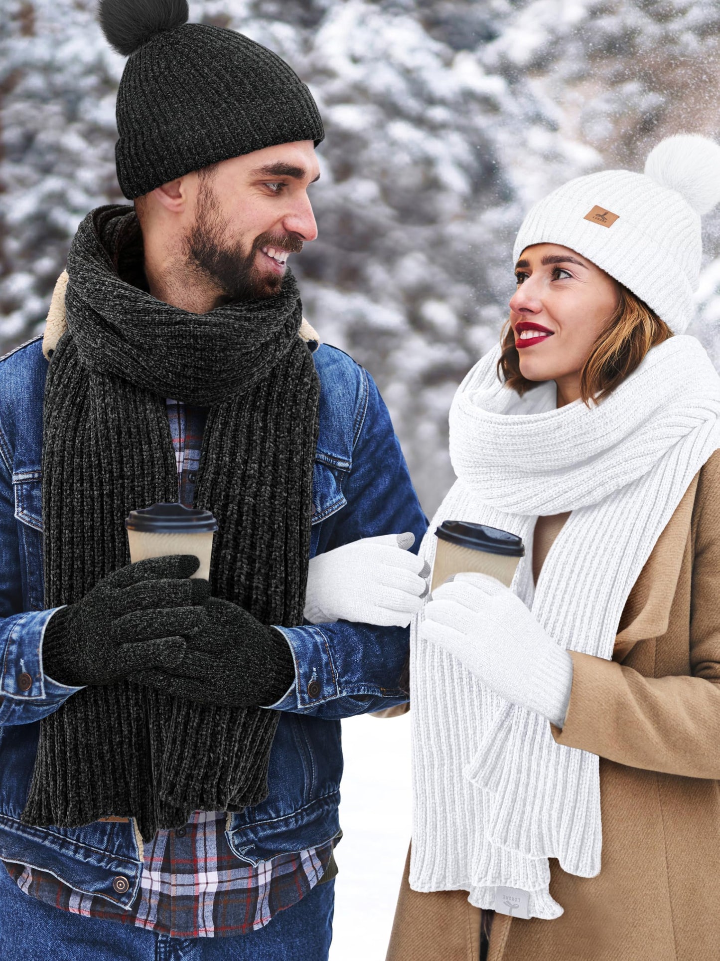 Winter Warm Hat Scarf and Touch Screen Gloves Set, Knitted Pom Beanie Hat Neck Warmer Long Scarf Winter Gloves for Women Men
