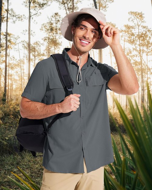 MAGCOMSEN Men's Fishing Shirt - UPF 50+ Sun Protection, Quick-Dry, Short Sleeve | Ideal for Hiking & Safari