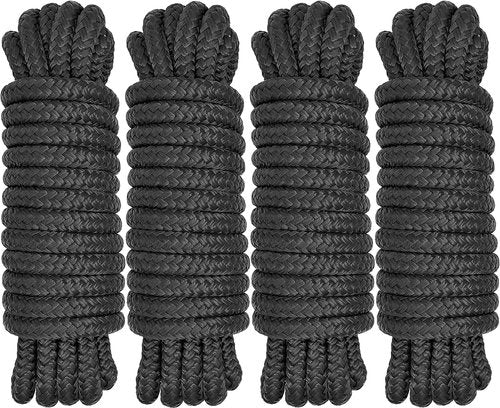 Boat Dock Lines - Premium 1/2" x 15' Double Braided Nylon Ropes for Easy Docking | 4 Pack, Black