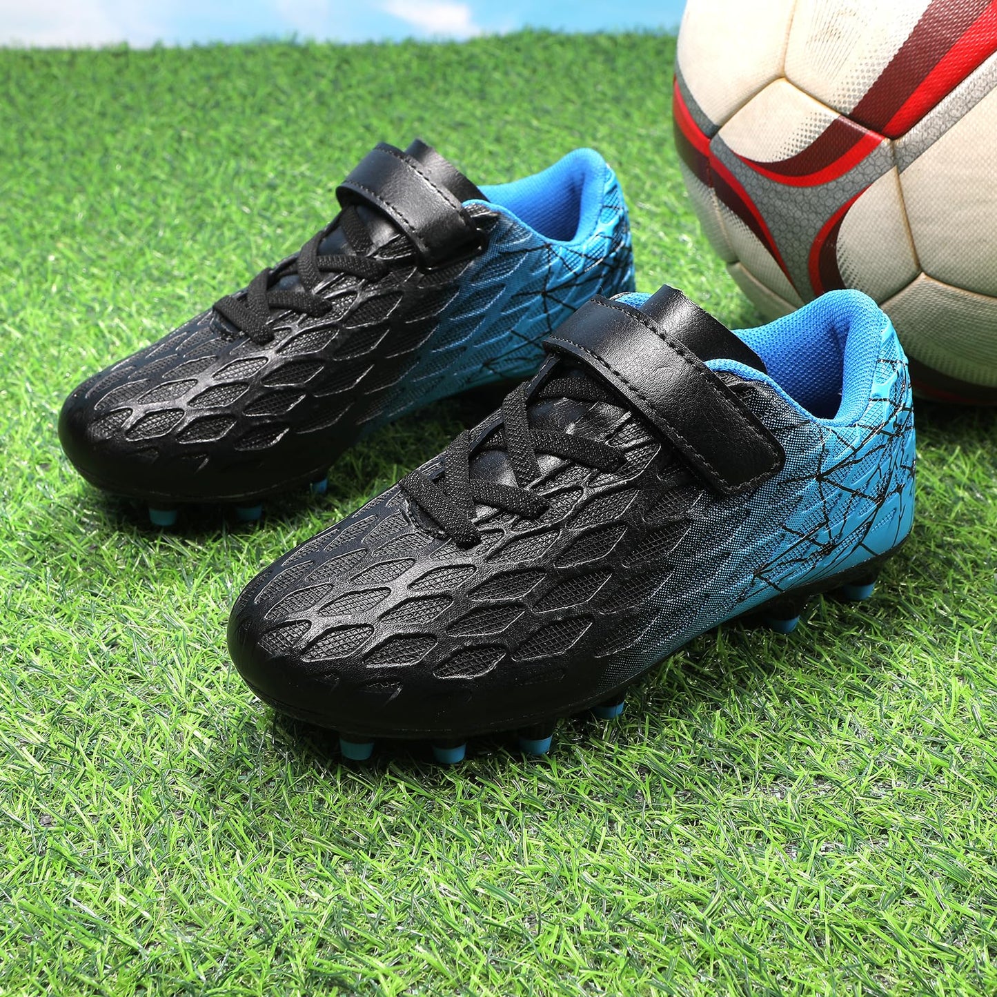 Skerxut Soccer Cleats, Kids Firm Ground Football Shoes, Boys Girls Athletic Outdoor (Black/Blue, Little Kid, 13, Numeric, US Footwear Size System, Medium)