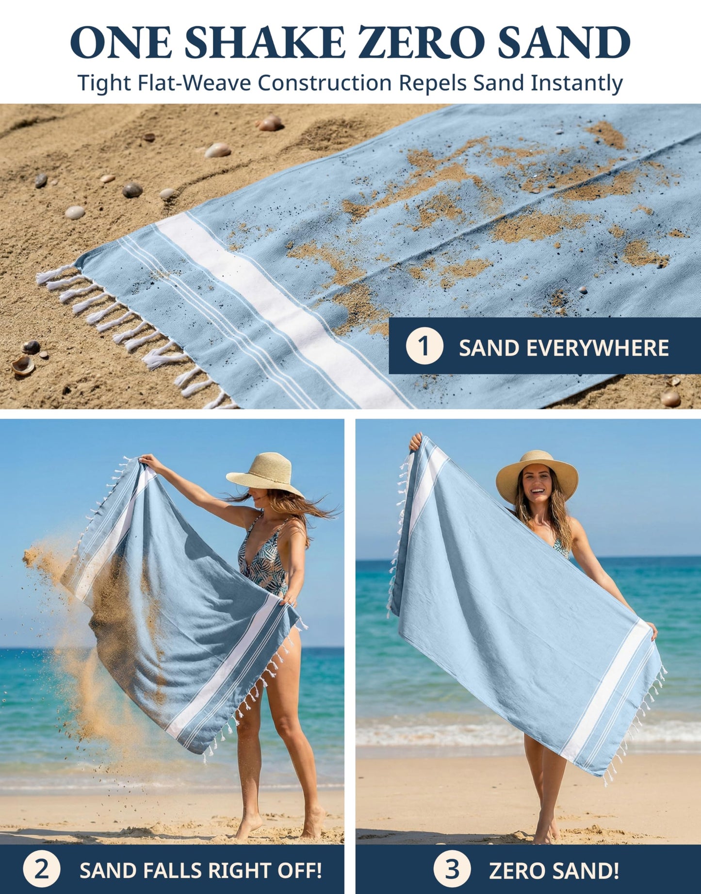 LANE LINEN Turkish Beach Towel, Oversized Beach Towel 39"x71", Lightweight Beach Essentials for Women, Large Pool Towel, Absorbent & Quick Dry, Sand Free Beach Towel - Sky Blue