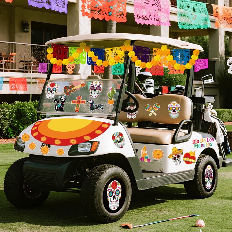 R HORSE 29Pcs Day of The Dead Golf Cart Decoration Kit, Mexican Party Banner Marigold Garland Burlap Bunting Flag Waterproof Sugar Skull Sticker Decor Dia De Los Muertos Party Supplies