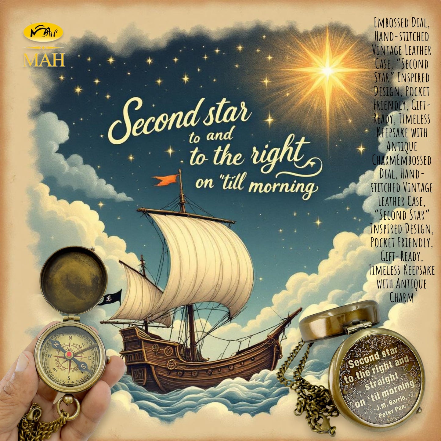 Brass Compass with “Second Star to the Right” Embossed Dial – Inspirational Pocket Compass Gift for Son, Daughter, or Friend | Motivational Keepsake for Graduation, Birthday, Christmas, or Travel gift