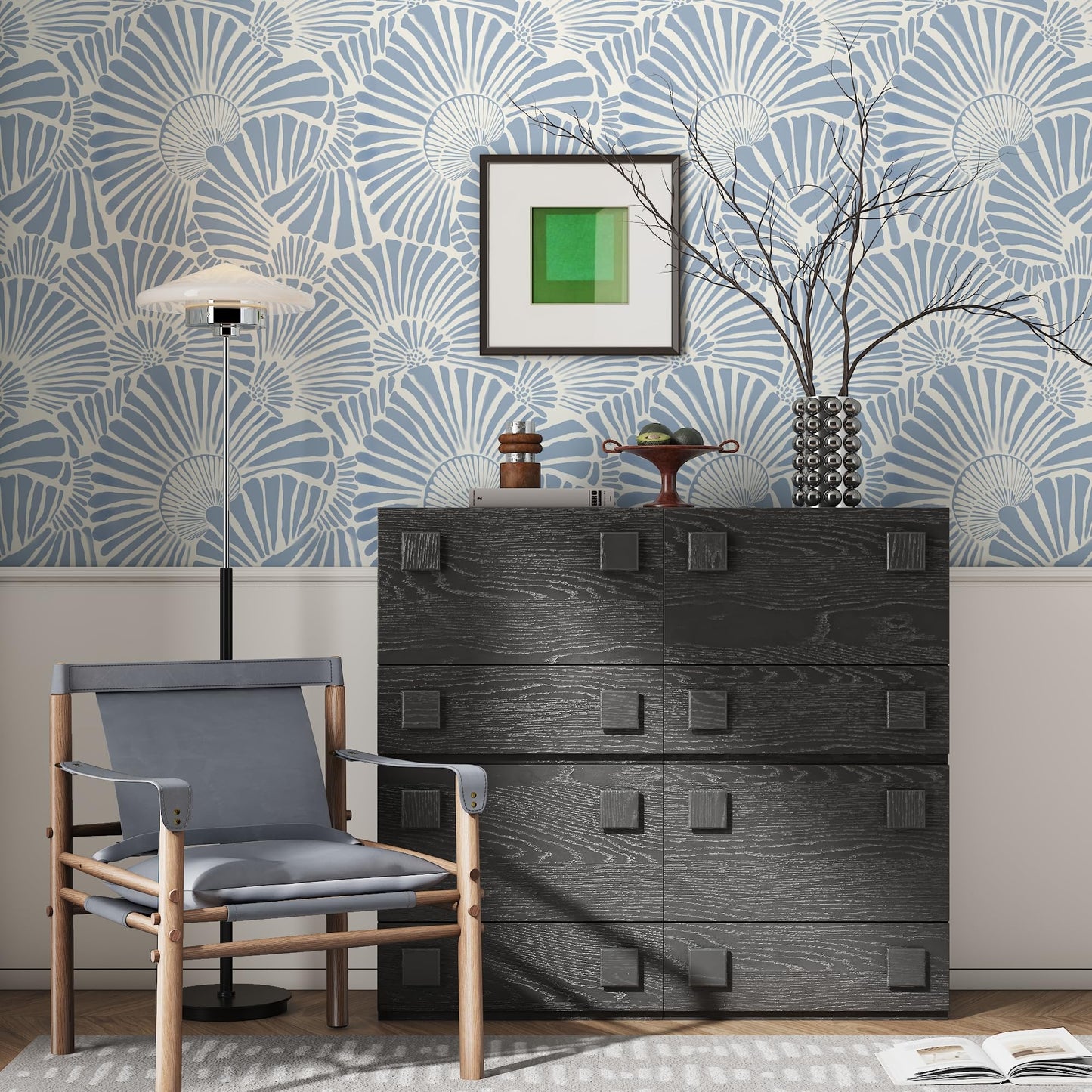 White and Blue Wallpaper Peel and Stick Wallpaper Boho 17.3"×197" Modern Wallpaper Self Adhesive Removable Wall Paper for Bedroom Blue Contact Paper for Cabinets Drawers Shelf Home Decor Vinyl Film