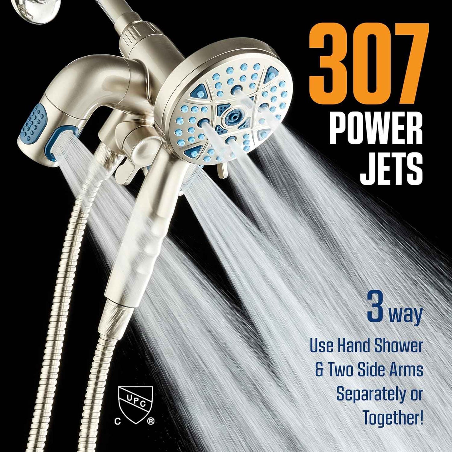 Polaris High Pressure Shower Head & Handheld Combo - 208 Settings, Magnetic Dock, Chrome Finish