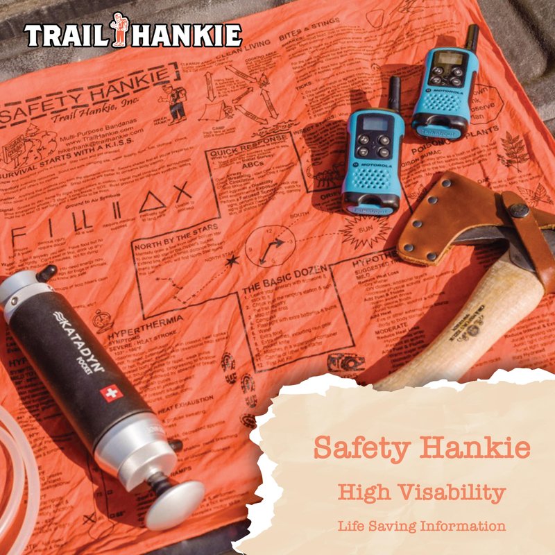 Trail Hankie Safety Bandana – Hiking & Camping Survival Bandana, Emergency Outdoor Knowledge, 100% Cotton, Made in USA, Machine Washable, Orange
