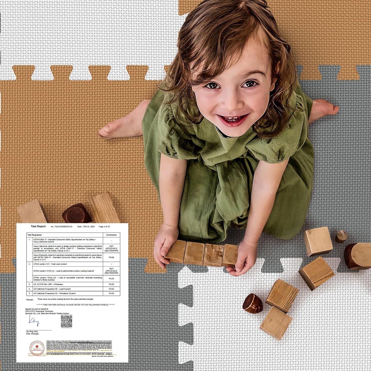Skiennix Baby Play Mat - 16 Interlocking EVA Foam Tiles | 0.6 Inch Thick, White-Brown-Grey