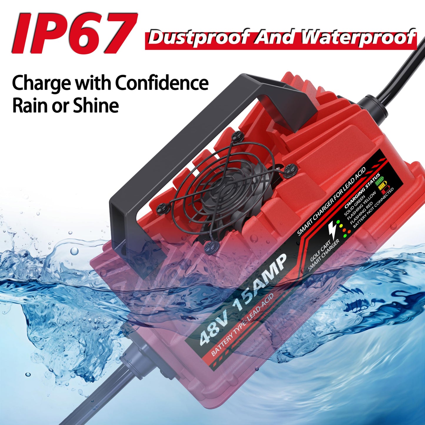 15 Amp 48 Volt Golf Cart Battery Charger for Club Car Precedent & DS - 3-Pin Round Plug, Smart Charger for Lead-Acid Batteries, IP67 Waterproof, Multi-Protection, Unique Design (Red)