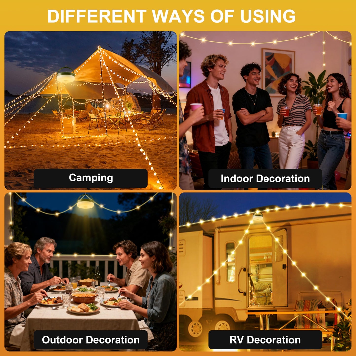 Solar Camping String Lights, Retractable Waterproof 33FT LED Camp Light with 8 Light Modes, Rechargeable 3000mAh Battery Powered Fairy Lights with Remote for Outdoor, Tent, RV, Patio, Awning, Party