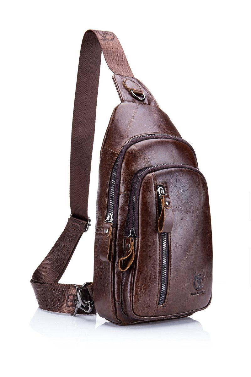 Sling Bag, Leather Chest Bag Crossbody Shoulder Business Backpack Outdoor Coffee