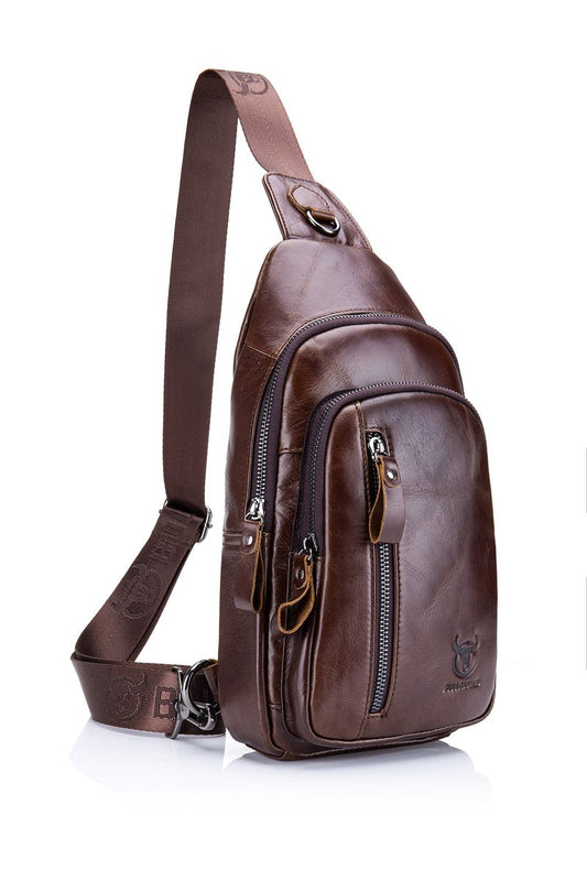 Sling Bag, Leather Chest Bag Crossbody Shoulder Business Backpack Outdoor Coffee